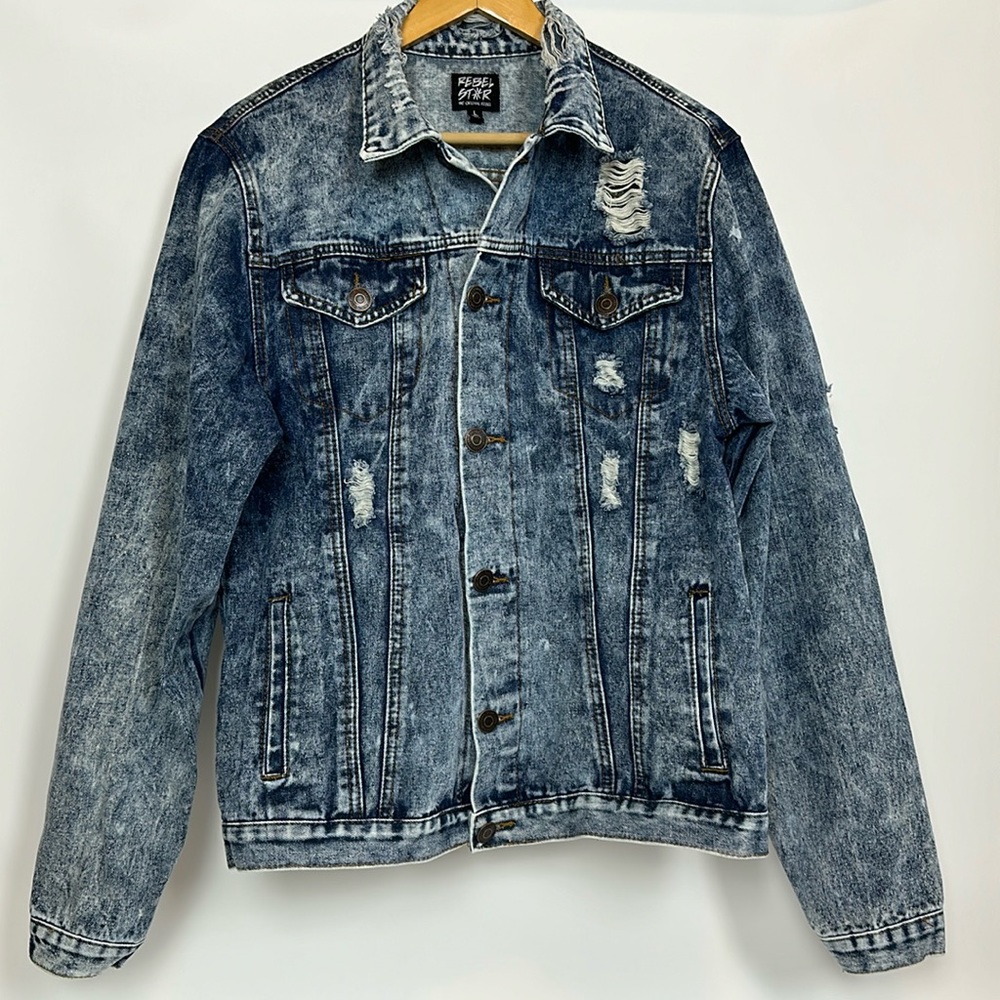 Rebel Star Distressed Jean Jacket Womens Large Faded Button‎ Up Denim Rock RETRO